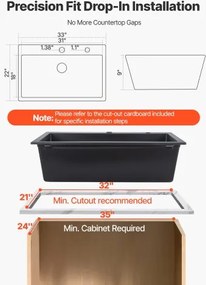 VEVOR 84 cm Granite Kitchen Sink Top Mount Single Bowl Drop-In Basin for RV Bar