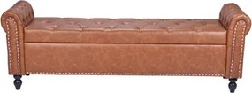 VEVOR Button-Tufted Storage Ottoman Bench Rolled Arm PU Leather Wood Legs Brown
