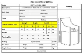 Πολυθρόνα Μεταλλική LETO Βαφή Φυσικό/Ύφασμα Βεραμάν 60x62x84cm (Σετ 4 ΤΕΜ)