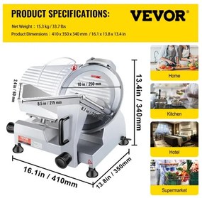 VEVOR Commercial Meat Slicer, 240W Electric Deli Food Slicer, 10 inch Carbon Steel Blade Electric Food Slicer, 350-400RPM Meat Slicer, 0 - 0.47 inch Adjustable Thickness for Commercial and Home Use