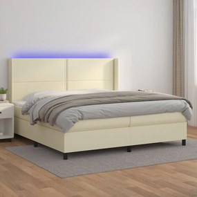 Κρεβάτι Boxspring με Στρώμα &amp; LED Κρεμ 200x200 εκ. Συνθ. Δέρμα - Κρεμ