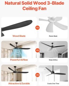 VEVOR 72" Wood Blade Ceiling Fan No Light Remote Control Reversible Motor Black