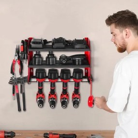 VEVOR Power Tool Organizer Wall Mount, 3-Layer Storage Rack with 4 Drill Holders, Tools Holder and Storage Rack with Side Pegboards, Garage Tool Organizer for Garage, Workbench, and Workshop