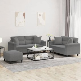 vidaXL Σετ Σαλονιού 3 Τεμαχίων Σκ. Γκρι Ύφασμα Μικροϊνών με Μαξιλάρια