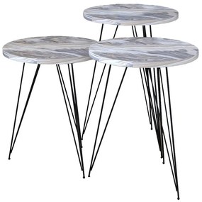 Side tables set 3pcs Merci in marble imitation white-grey black color 35x35x52 εκ.