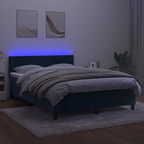vidaXL Κρεβάτι Boxspring με Στρώμα &amp; LED Σκ. Μπλε 140x190εκ. Βελούδινο