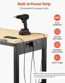 VEVOR 60" Workbench on Wheels Adjustable Height Table with Power Outlet &amp; Pegboard