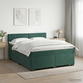 vidaXL Κρεβάτι Box Spring με Στρώμα και LED Σκούρο Πράσινο Βελούδο