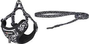 Dogness walking set leash 1,5m+harness for dog (black and white)