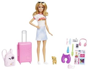 Κούκλα Barbie Και Αξεσουάρ Ταξιδιού Μαζί Με Το Σκυλάκι Της Puppy HJY18 Pink-Multi Mattel