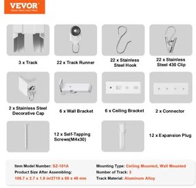 VEVOR Ceiling Curtain Track Set 8.9 FT/2.7 Meter Room Divider with Hooks White