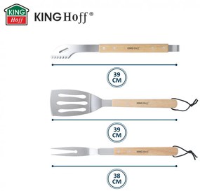 Σετ από 3 σκεύη BBQ Kinghoff KH 1918, Σπάτουλα, Σπάτουλα, Πιρούνι, Ξύλινες λαβές, Βρόχοι για κρέμασμα, Inox/καφέ