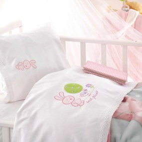 Σεντόνια Βρεφικά Σετ 3τμχ Sweet Summer White - Pink Ρυθμός Cradle 100x160cm Χωρίς Λάστιχο 100% Βαμβάκι