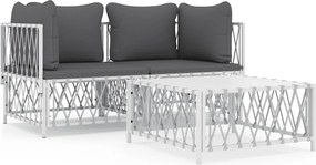 vidaXL Σαλόνι Κήπου Σετ 3 τεμ. Λευκό από Ατσάλι με Μαξιλάρια