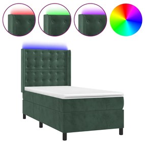 vidaXL Κρεβάτι Boxspring με Στρώμα & LED Σκ. Πράσινο 90x200 εκ Βελούδο