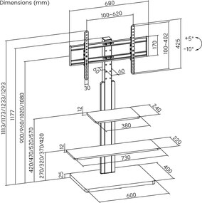 POWERTECH βάση τηλεόρασης δαπέδου PT-1422, 32-75", έως 40kg, με ράφια