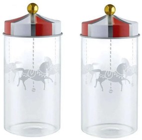 Βάζο Αποθήκευσης Circus (Σετ 2Τμχ) MW68S2 140ml Γυάλινο Με Καπάκι White-Red Alessi Μέταλλο,Γυαλί
