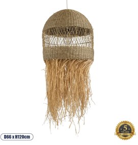 02161 GloboStar® SAINTLUCIA 02161 Boho Κρεμαστό Φωτιστικό Πλεγμα Μονόφωτο 1 x E27 IP20 Μπεζ Raffia - Μ66 x Π66 x Υ120cm