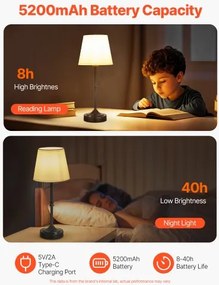 VEVOR Cordless Table Lamp Rechargeable Battery Desk Lamp Fabric Shade Black