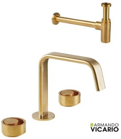 Armando Vicario Halo Gold Brushed Σιφών+Μπαταρία Νιπτήρος 3 οπών με βαλβίδα clic-clac