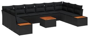 vidaXL Σετ Καναπέ Κήπου 11 Τεμαχίων με Μαξιλάρια Μαύρο Πολυ ρατάν Ακακία