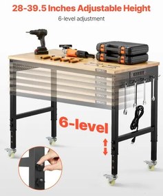 VEVOR 48" Workbench on Wheels Adjustable Height Table with Power Outlet &amp; Pegboard