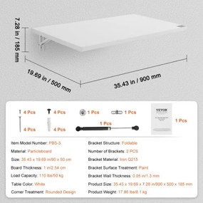 VEVOR Wall Mounted Floating Folding Table Laptop Desk Home Office 35.43x19.69 in