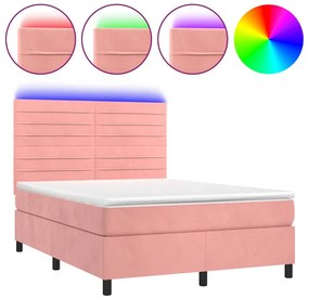 vidaXL Κρεβάτι Boxspring με Στρώμα &amp; LED Ροζ 140x190 εκ. Βελούδινο