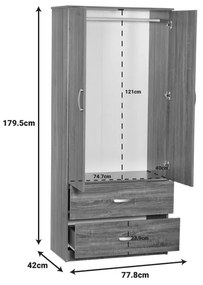 Ντουλάπα ρούχων δίφυλλη Zelia με 2 συρτάρια χρώμα καρυδί 79x42x180εκ