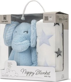 NAPPY WHITE BLANKET WITH BLUE ELEPHANT