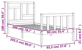 Πλαίσιο Κρεβατιού με Κεφαλάρι Μαύρο 90x200 εκ. Μασίφ Ξύλο - Μαύρο