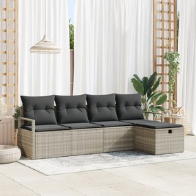 vidaXL Σετ Καναπέ Κήπου  5 κομματιών με μαξιλάρια Ανοιχτό Γκρι Πολυ Ρατάν