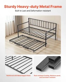 VEVOR Twin Daybed Frame Height Adjustable DayBed w/ Trundle Charging Station LED