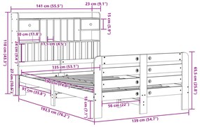 Κρεβάτι Βιβλιοθήκη Χωρίς Στρώμα 135x190 εκ Μασίφ Ξύλο Πεύκου - Καφέ