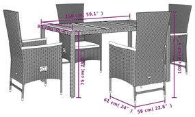 vidaXL Σετ Τραπεζαρίας Κήπου 5 Τεμαχίων Μαύρο Συνθ. Ρατάν με Μαξιλάρια