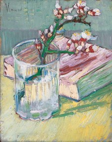 Αναπαραγωγή Flowering almond branch in a glass with a book, 1888, Gogh, Vincent van