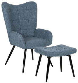 ARMCHAIR CRAWLEY WITH FOOTSTOOL  BLUE BOUCLE FABRIC-BLACK METAL LEGS 70x74x105Hcm.