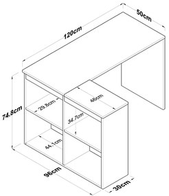 Γραφείο εργασίας ραφιέρα αριστερή γωνία Sidney pakoworld καρυδί-λευκό 120x50x75εκ