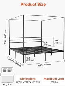 VEVOR King Size Canopy Bed Frame Metal Canopy Bed with Four Posters Black
