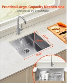 VEVOR 50cm Kitchen Sink Undermount Single Bowl Drop-In Basin Stainless Steel Bar