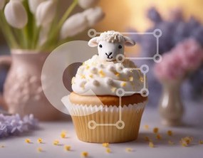 Intra Συλλεκτικό Ξύλινο Παζλ Plywood  4mm - Cupcake με ειδώλιο προβάτου και τουλίπες Σε Ξύλινο Κουτί - Διαστάσεις: 10x10 cm – 25 κομμάτια