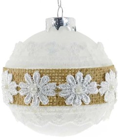 Χριστουγεννιάτικη Μπάλα Γυάλινη άσπρη με σχέδιο 8cm 51795b