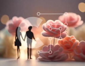 Intra Συλλεκτικό Ξύλινο Παζλ Plywood  4mm - Ζευγάρι που κρατά τα χέρια μπροστά από ροζ λουλούδια Σε Ξύλινο Κουτί - Διαστάσεις Puzzle: 10x10 cm – 25 κομμάτια