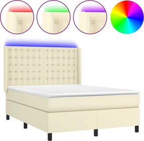 vidaXL Κρεβάτι Boxspring με Στρώμα &amp; LED Κρεμ 140x190 εκ. Συνθ. Δέρμα
