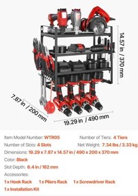 VEVOR Power Tool Organizer Wall Mount, 4-Layer Storage Rack with 4 Drill Holders, Tools Holder and Storage Rack with Screwdriver Holder, Garage Tool Organizer for Garage, Workbench, and Workshop