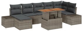 vidaXL Set Φαγητού Κήπου 8 Τεμαχίων με Μαξιλάρια Γκρι Πολυ Ράτανα Ακακία