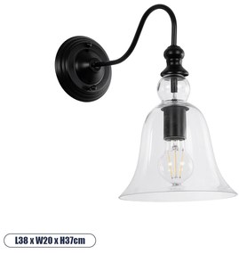 GloboStar LILLY 01064 Vintage Φωτιστικό Τοίχου Απλίκα Μονόφωτο Μαύρο Μεταλλικό με Γυάλινη Καμπάνα Φ14 x Μ21 x Π14 x Υ36cm - 01064