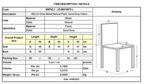 Καρέκλα Μεταλλική BELLA Βαφή Φυσικό/Ύφασμα Sand-Grey 54x56x77cm (Σετ 4 ΤΕΜ)