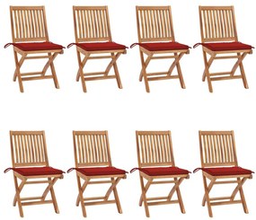 Καρέκλες Κήπου Πτυσσόμενες 8 τεμ. Μασίφ Ξύλο Teak με Μαξιλάρια - Κόκκινο