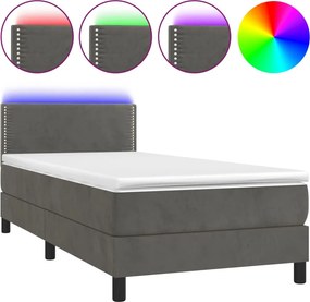 vidaXL Κρεβάτι Boxspring με Στρώμα &amp; LED Σκ. Γκρι 100x200εκ. Βελούδινο